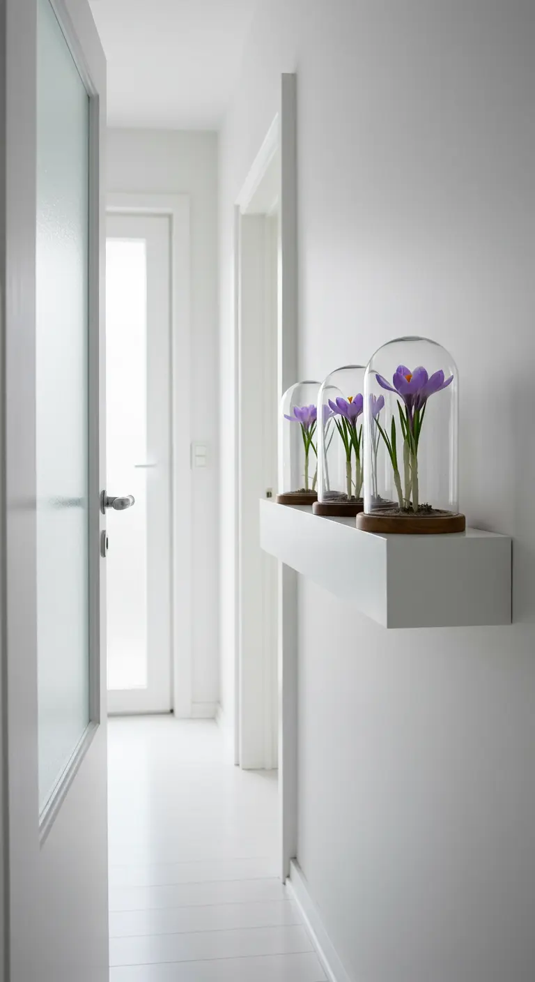 Estantería blanca minimalista con flores de azafrán púrpura bajo cúpulas de cristal.