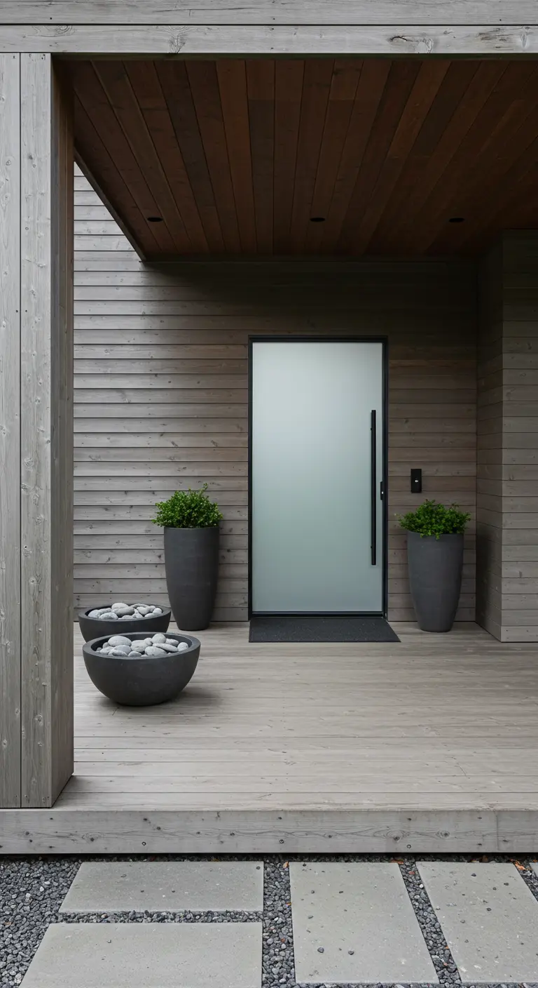 Porche de madera con maceteros modernos y redondos de color gris oscuro, algunos con plantas y otros con piedras
