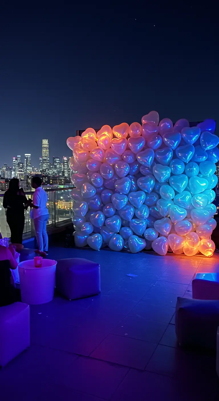 Muro de globos blancos en forma de corazón iluminado con luces de neón en una azotea.