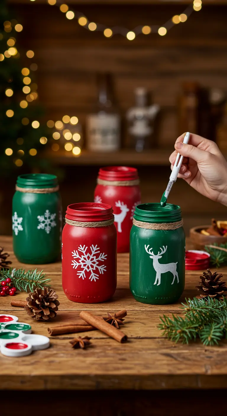 Frascos rojos y verdes pintados con plantillas de copos de nieve y renos para una decoración navideña.