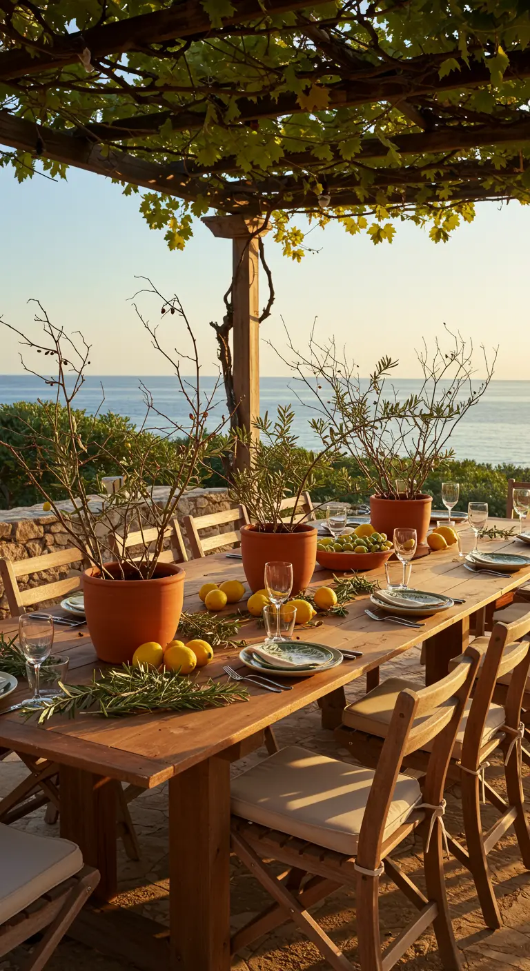 Mesa al aire libre con ramas de olivo en macetas de terracota y limones.