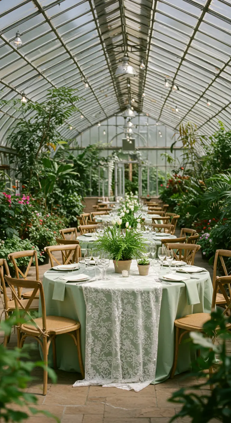 Mesa de boda en un invernadero con mantel verde y camino de encaje blanco.
