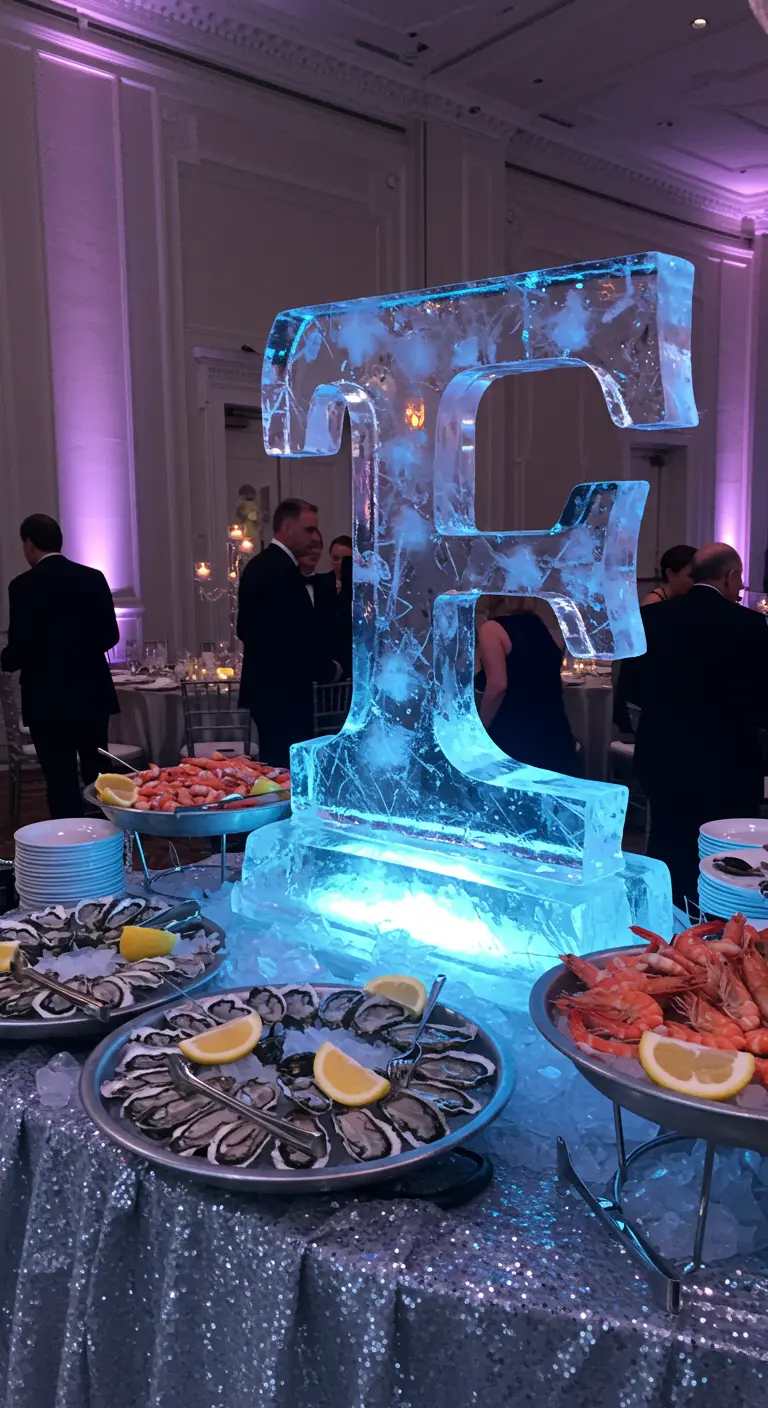 Letra 'F' gigante esculpida en hielo, iluminada en azul, rodeada de marisco.