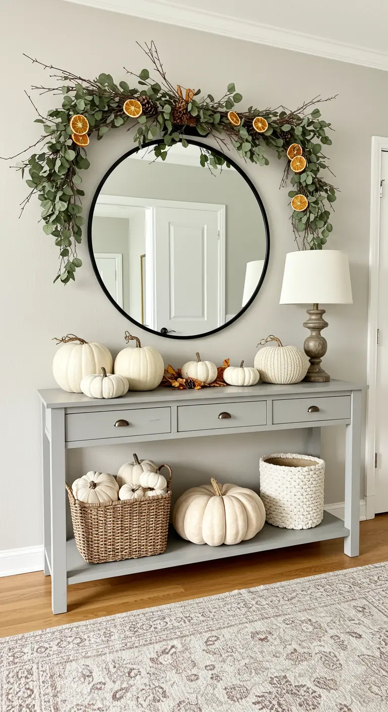 Consola gris con calabazas blancas y un espejo redondo decorado con una guirnalda de eucalipto y naranjas.