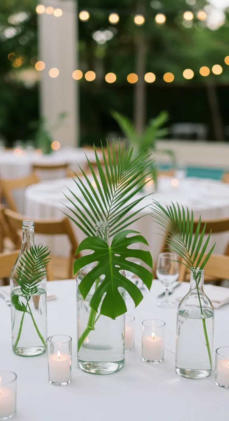 Centro de mesa minimalista con botellas de vidrio transparente con hojas tropicales y velas.