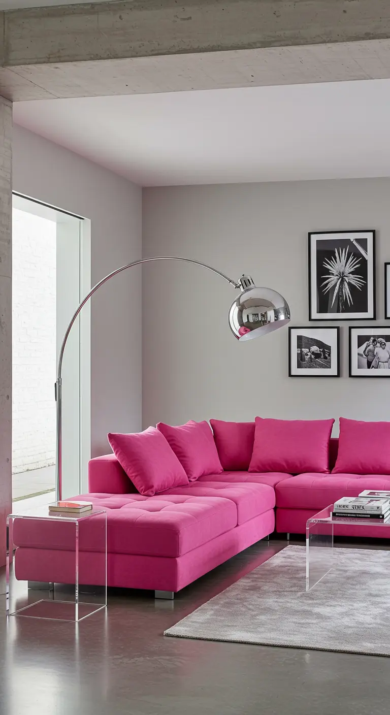 Sofá seccional fucsia en una sala de estar moderna con paredes grises y una lámpara de arco
