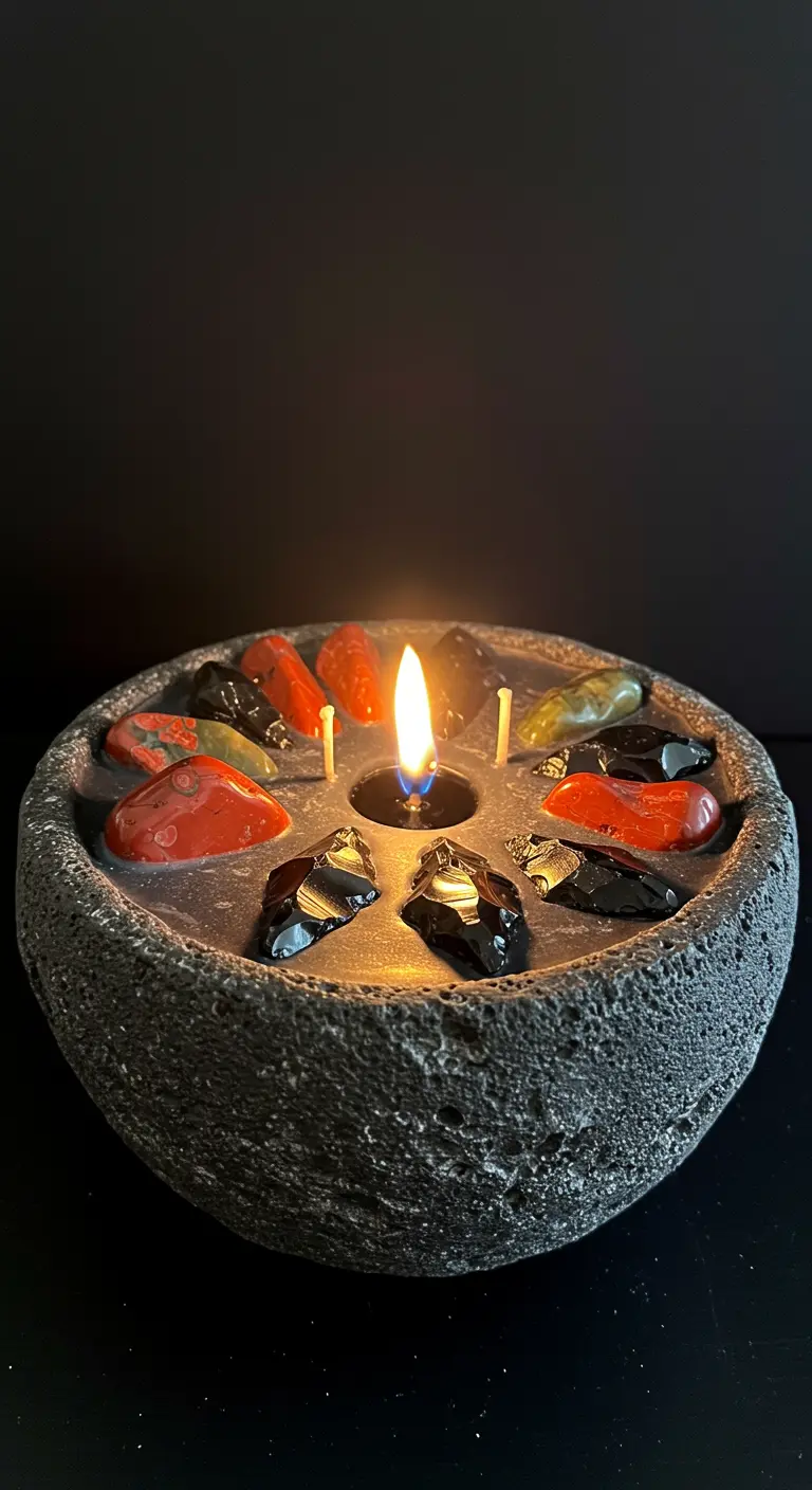 Vela encendida en un cuenco de roca volcánica con piedras rojas y negras.