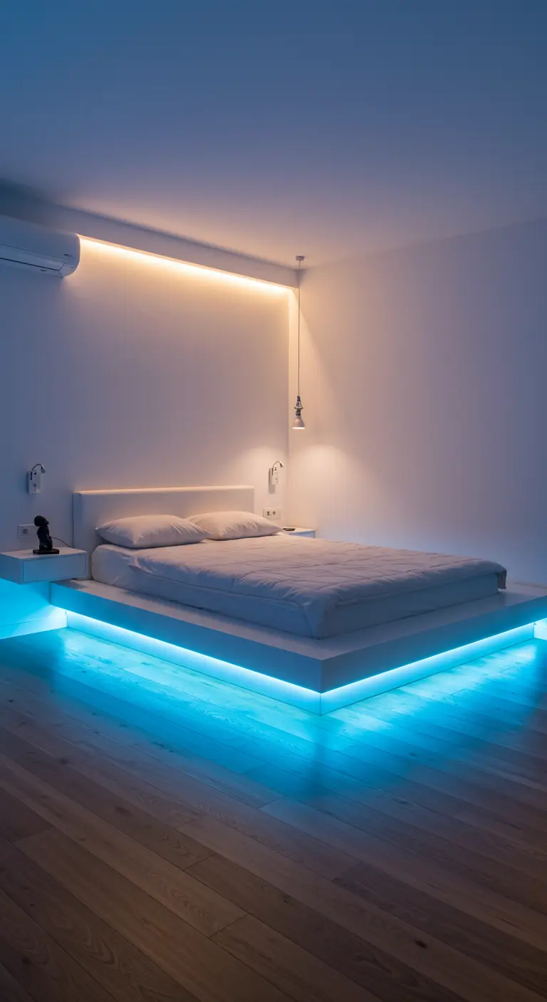 Dormitorio minimalista con cama flotante iluminada en azul y luz cálida en la pared.
