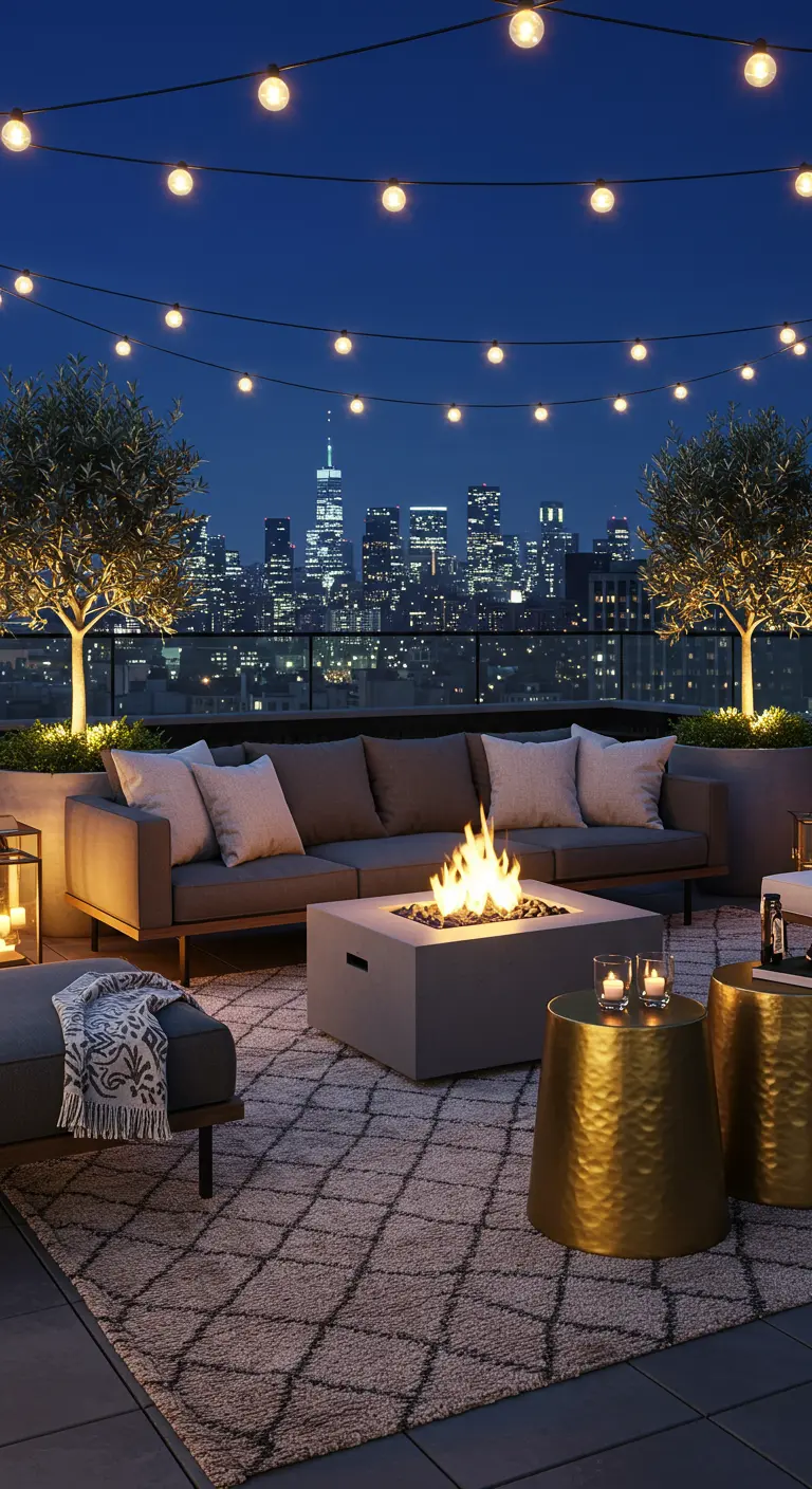 Terraza en una azotea con vistas a la ciudad, sofá moderno, brasero y luces de verbena.