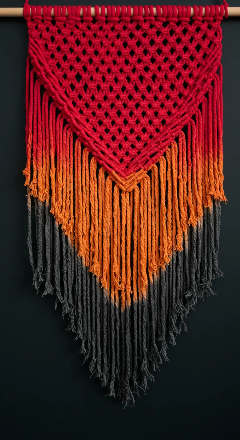 Tapiz de macramé con un patrón de rombos en rojo, degradado a naranja y puntas en gris oscuro.