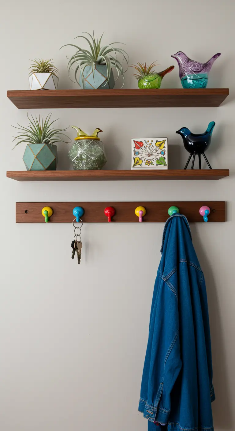 Recibidor con estanterías de madera, plantas de aire y un perchero con ganchos de colores.