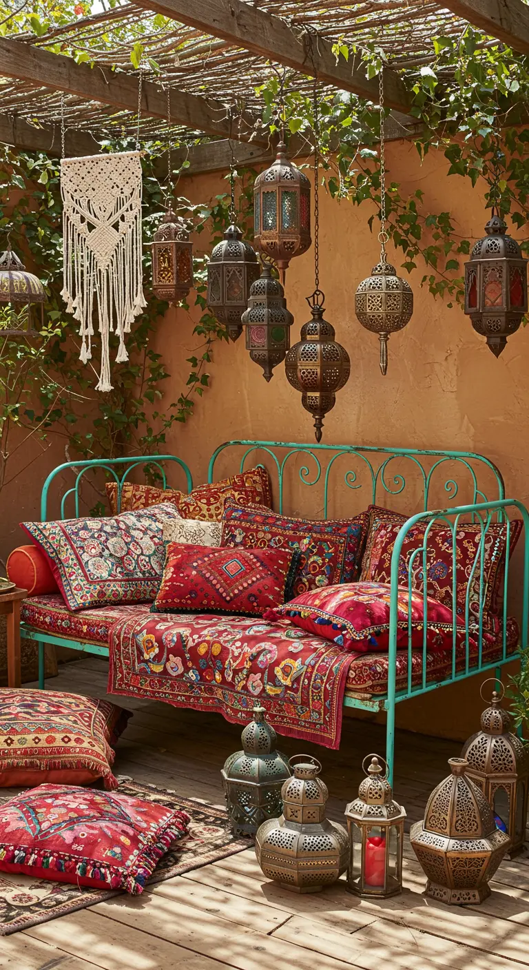 Patio bohemio con un diván de hierro turquesa, textiles coloridos y una colección de faroles marroquíes