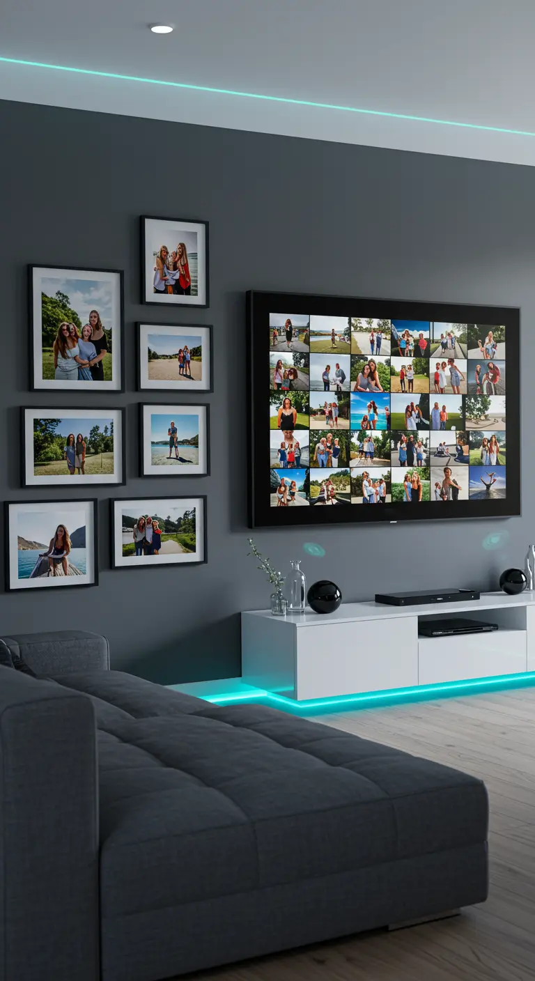 Sala de estar moderna con fotos enmarcadas junto a un televisor que muestra un collage de fotos.