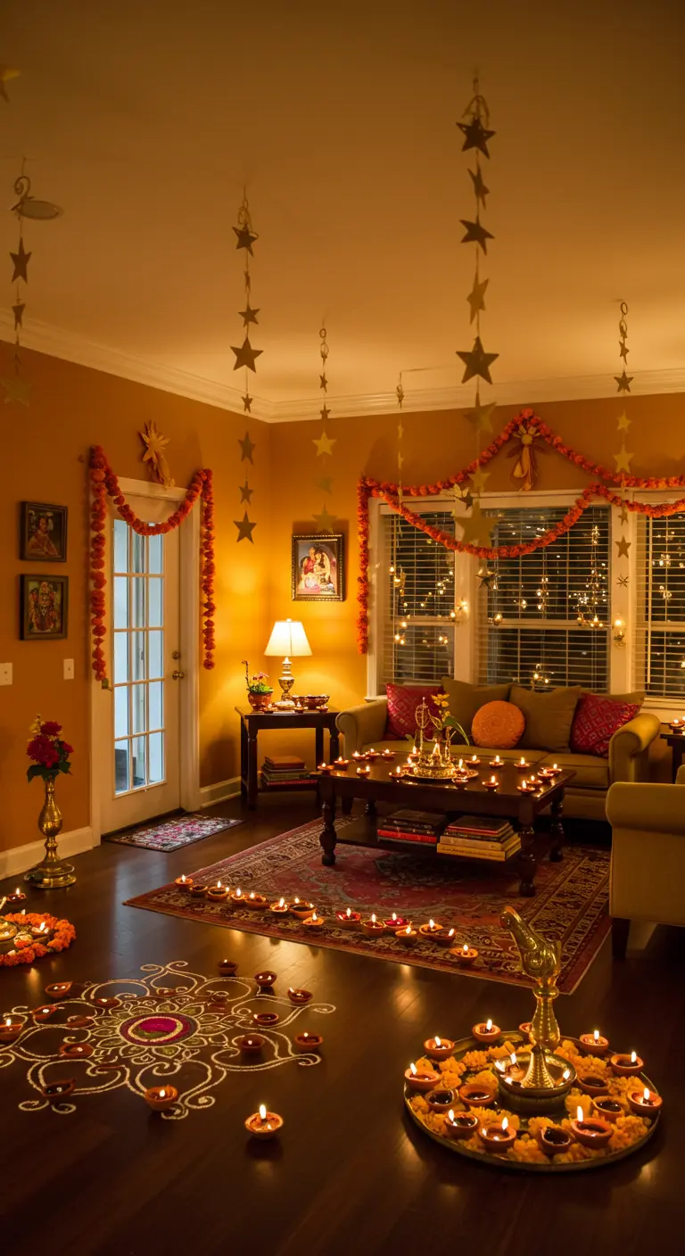 Salón decorado para Diwali con velas, flores y guirnaldas de estrellas colgantes.