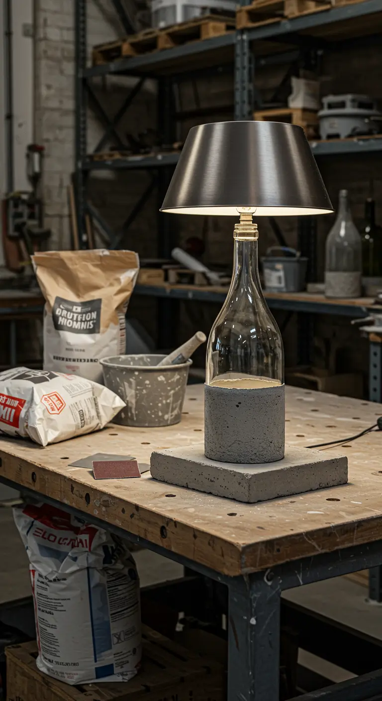 Lámpara de diseño industrial con una base de botella de vidrio y un bloque de cemento.