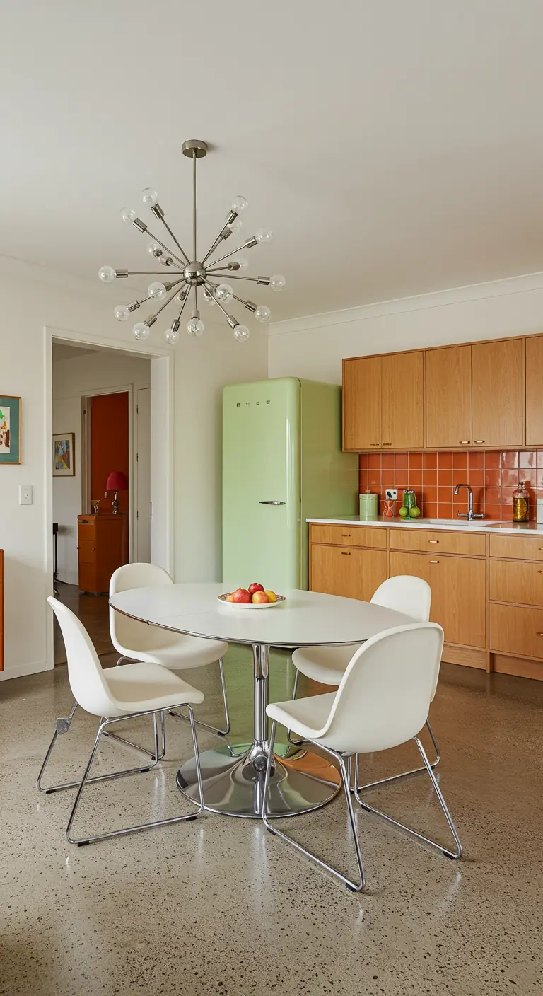 Cocina de mediados de siglo con nevera verde menta, armarios de madera y azulejos naranjas.
