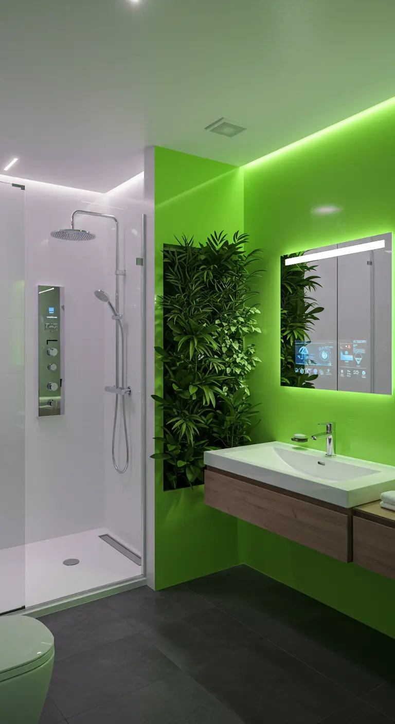 Baño moderno con pared verde neón, espejo inteligente y ducha de cristal.