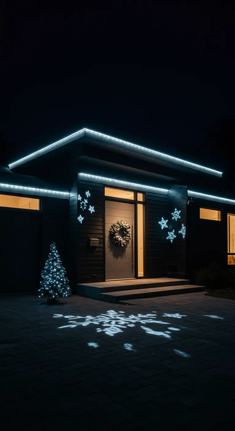 Casa moderna oscura con iluminación LED fría y proyecciones de copos de nieve.