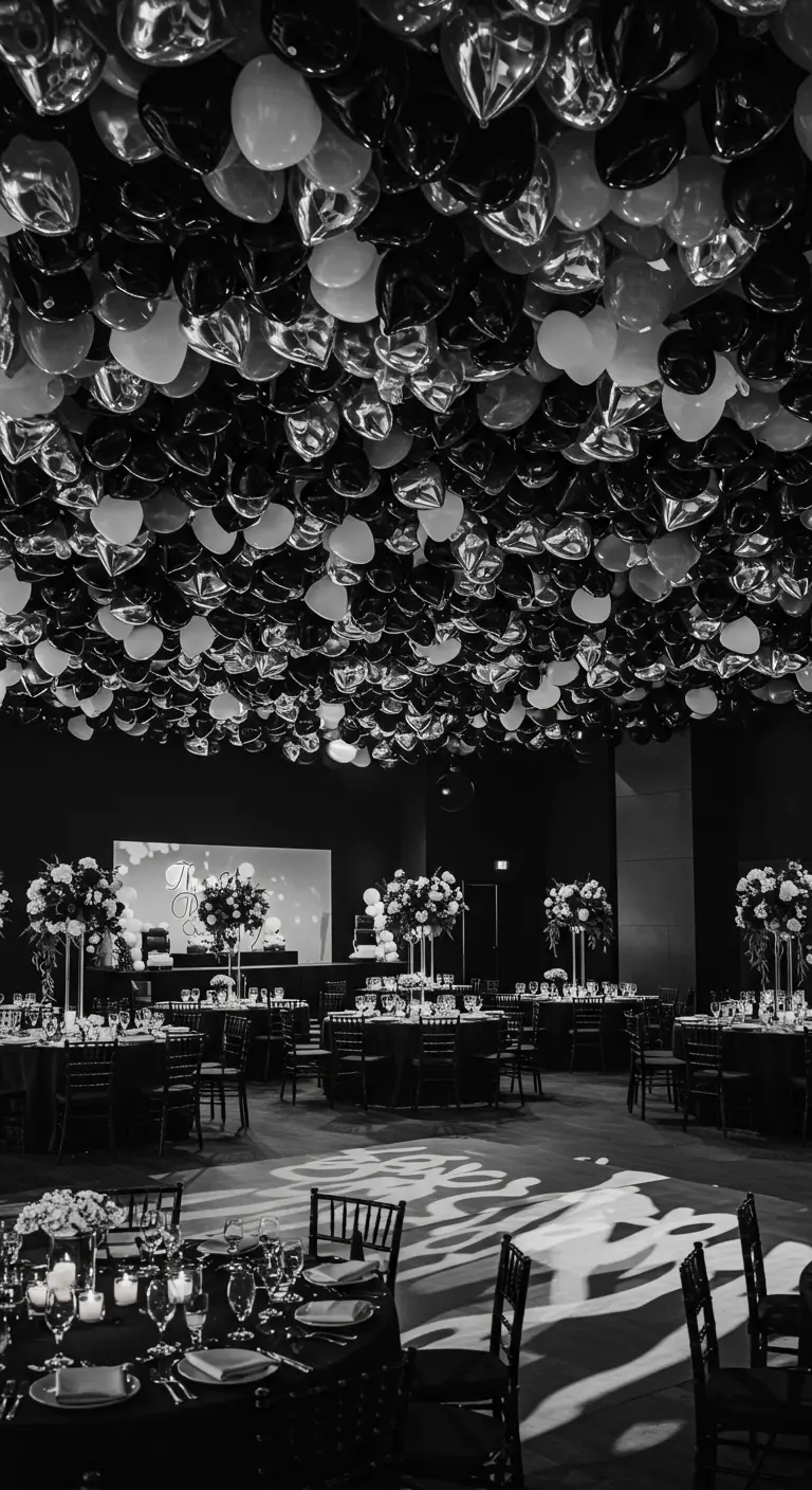 Salón de baile en blanco y negro con el techo cubierto de globos de corazón.