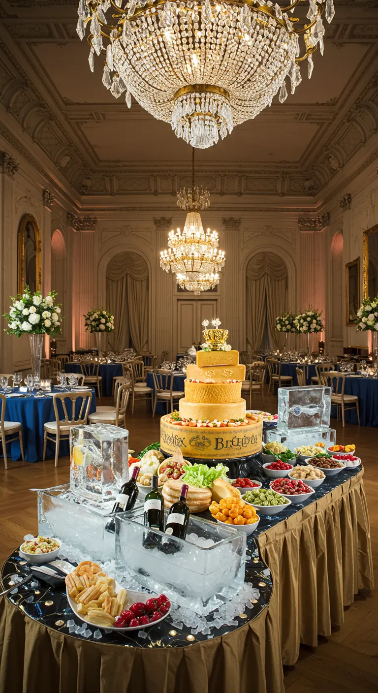 Buffet en un salón de baile con tarta de quesos, esculturas de hielo y candelabros.