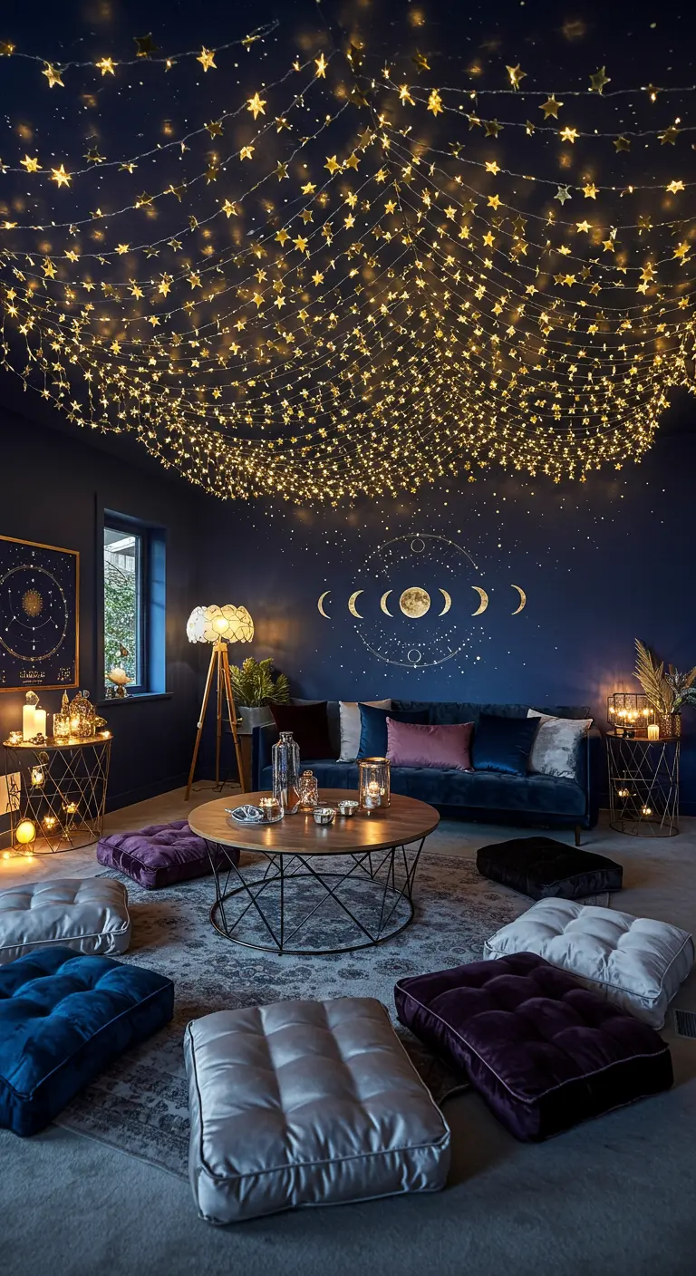 Techo cubierto con una red de luces de hadas en forma de estrella en un salón azul.