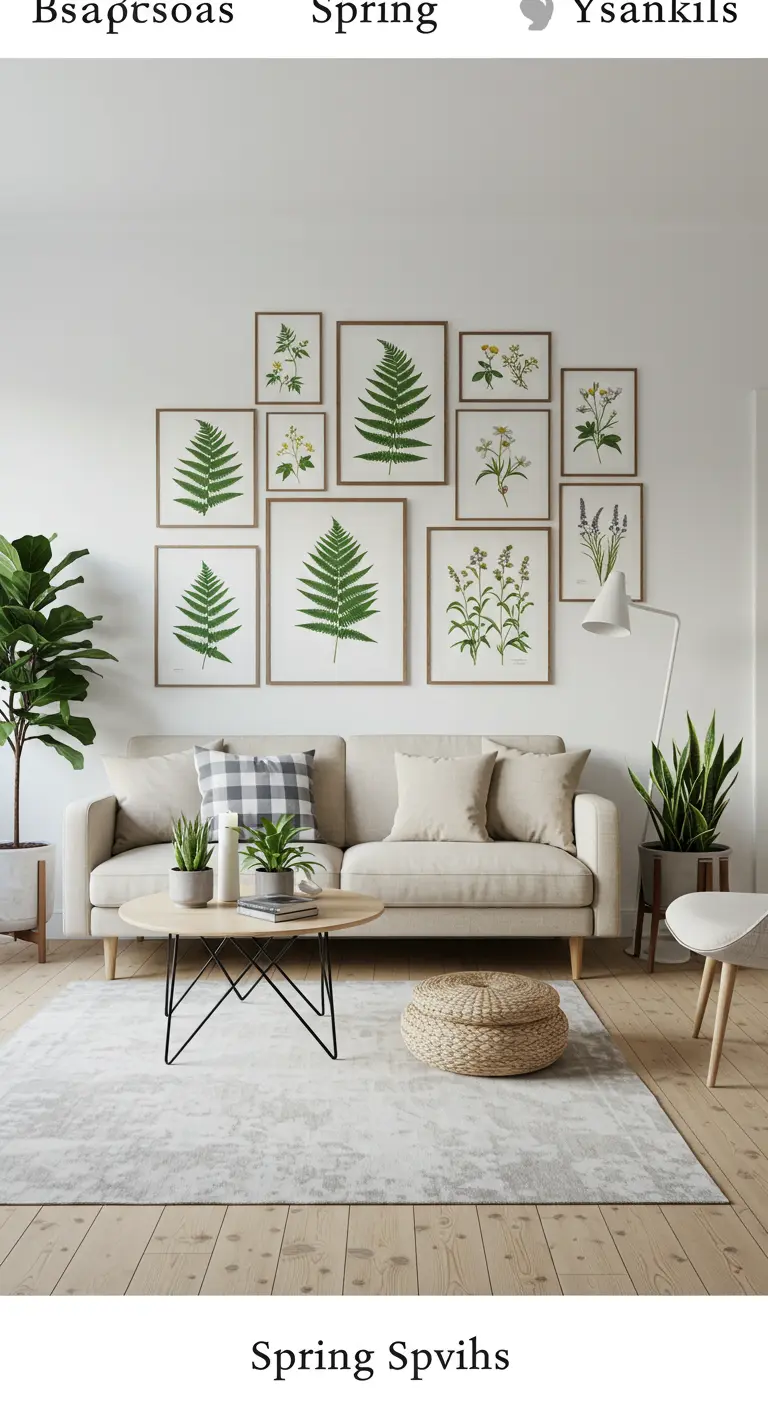 Pared blanca con una galería de nueve láminas botánicas enmarcadas sobre un sofá beige.