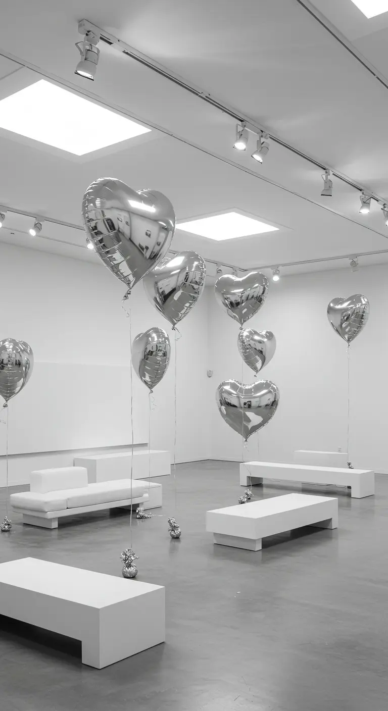 Globos plateados en forma de corazón flotando en una galería de arte blanca y minimalista.