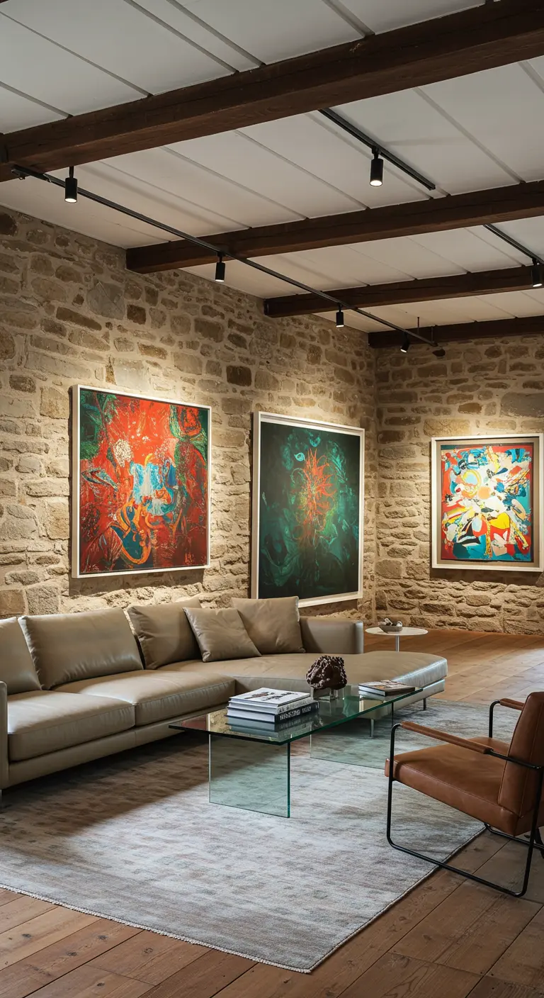 Salón con pared de piedra iluminada con focos que exhibe tres grandes cuadros de arte abstracto.