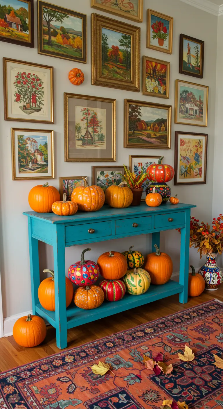 Consola turquesa brillante con muchas calabazas naranjas debajo de una pared de galería con cuadros de paisajes.