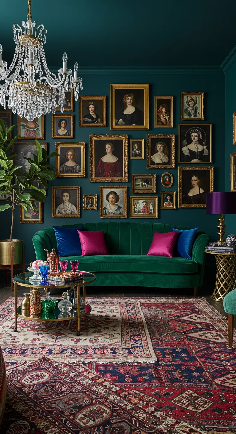 Sala maximalista verde oscuro con pared de retratos antiguos, sofá de terciopelo verde y candelabro.