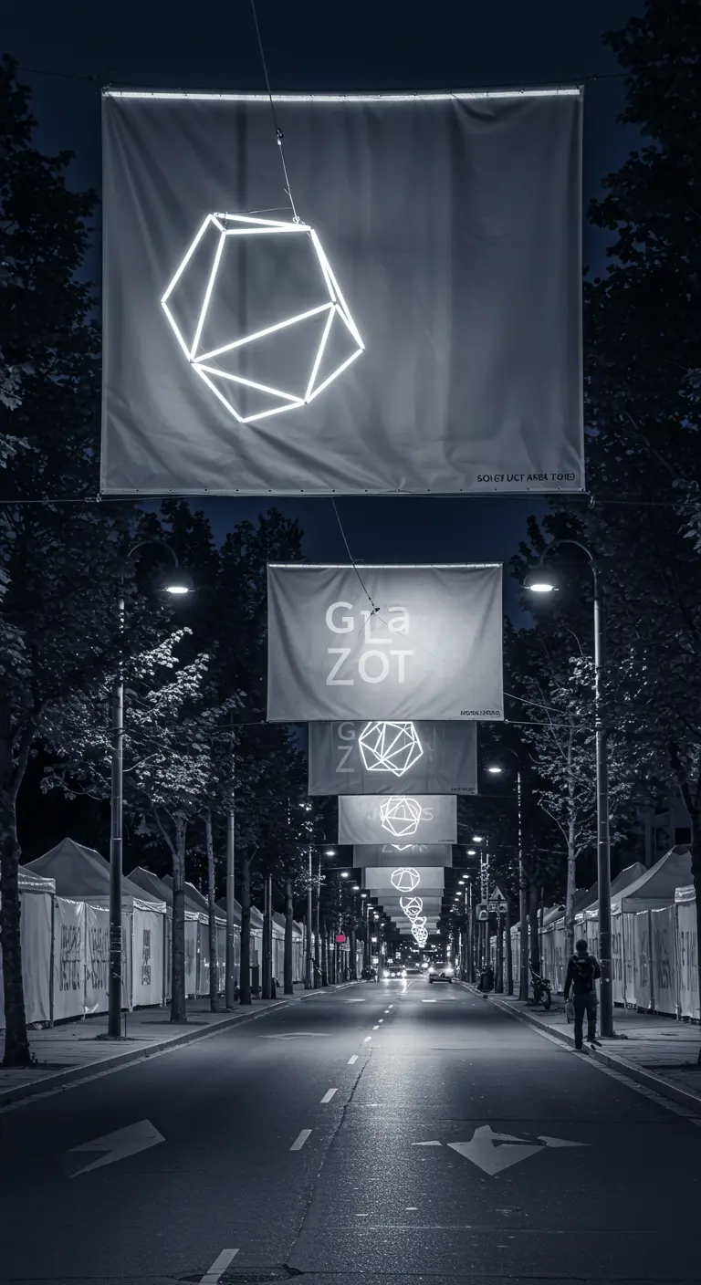 Calle de noche con instalaciones de luz geométricas colgando frente a pancartas blancas.