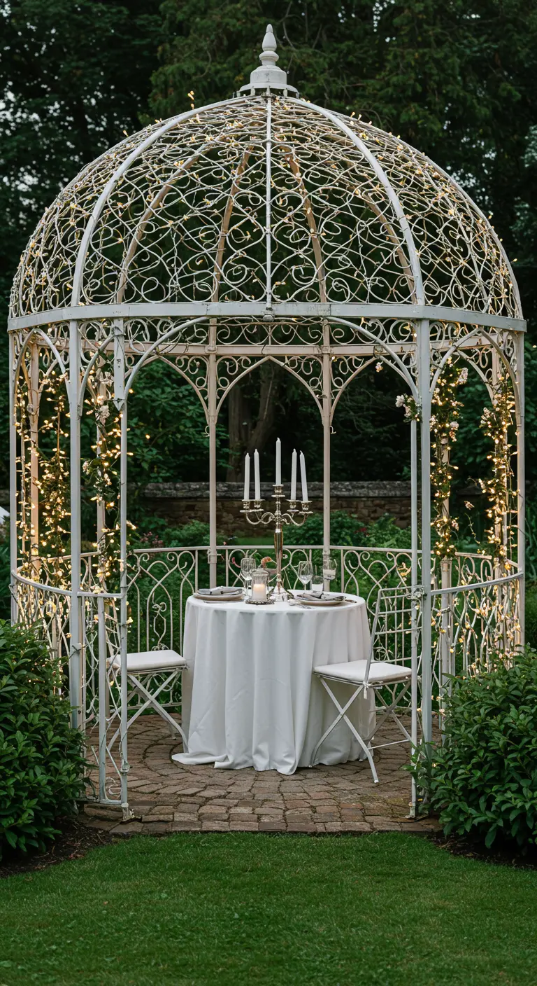 Gazebo de forja blanco iluminado con luces de hadas, con una mesa elegante para dos en el interior.