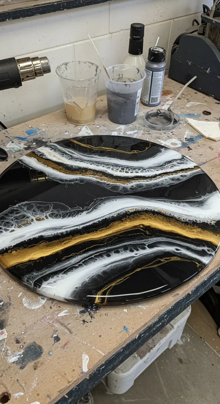 Obra de arte redonda hecha con resina epoxi negra, blanca y dorada, imitando una geoda.