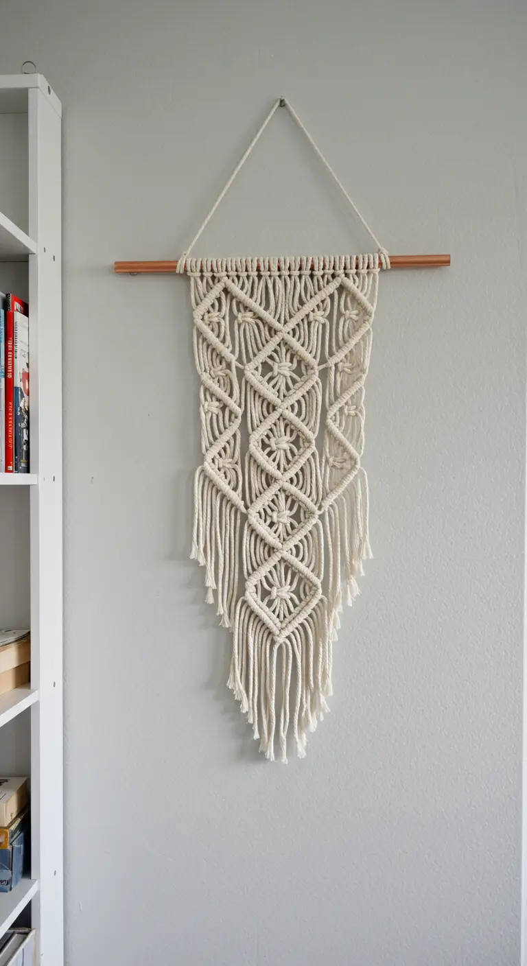 Tapiz de macramé con un patrón de rombos detallados colgado en una pared gris.