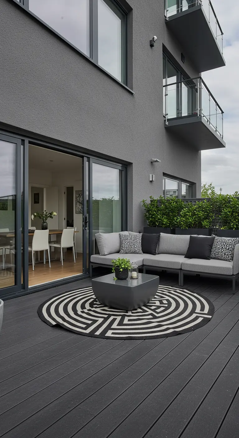 Terraza de madera oscura con un sofá gris, cojines gráficos y una alfombra redonda en blanco y negro.