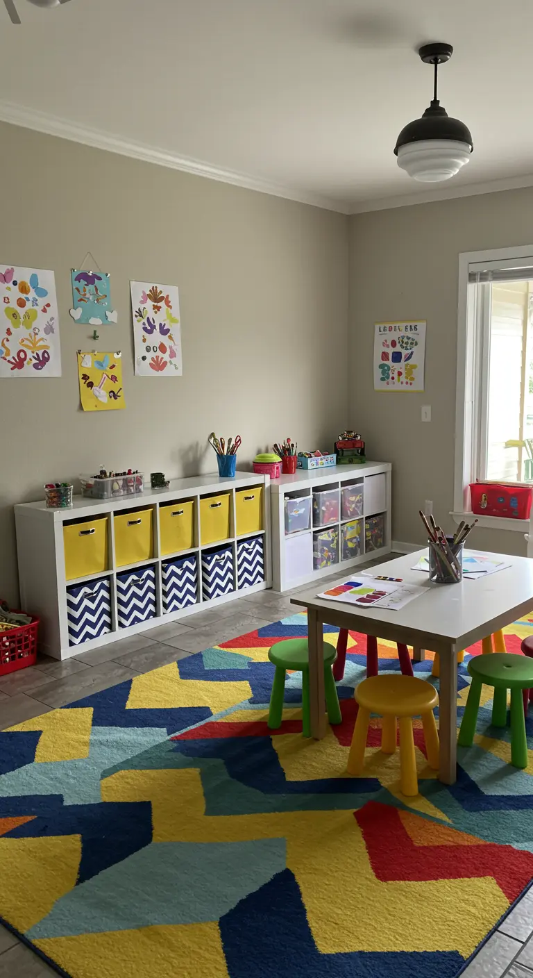 Sala de juegos y arte con una gran alfombra geométrica de colores y estanterías blancas.