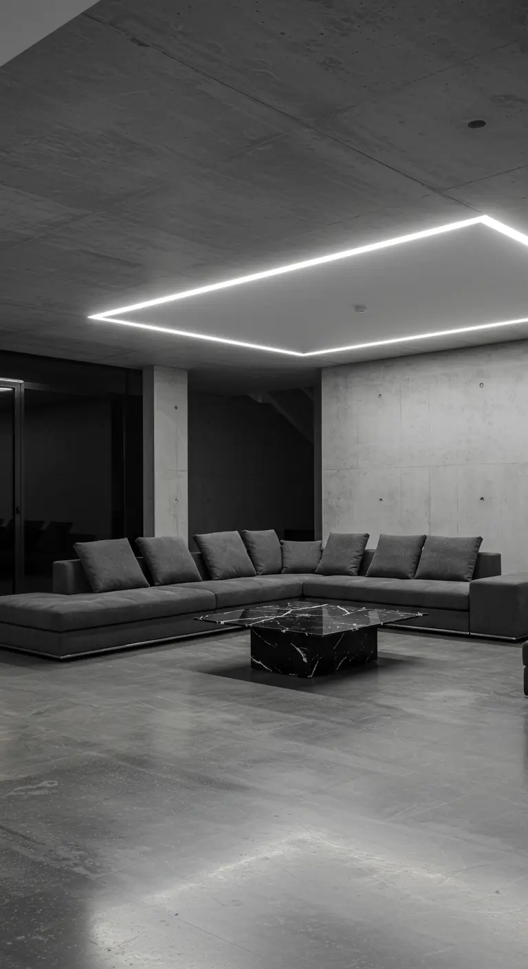 Sala de estar minimalista con un gran rectángulo de luz LED empotrado en el techo de hormigón.