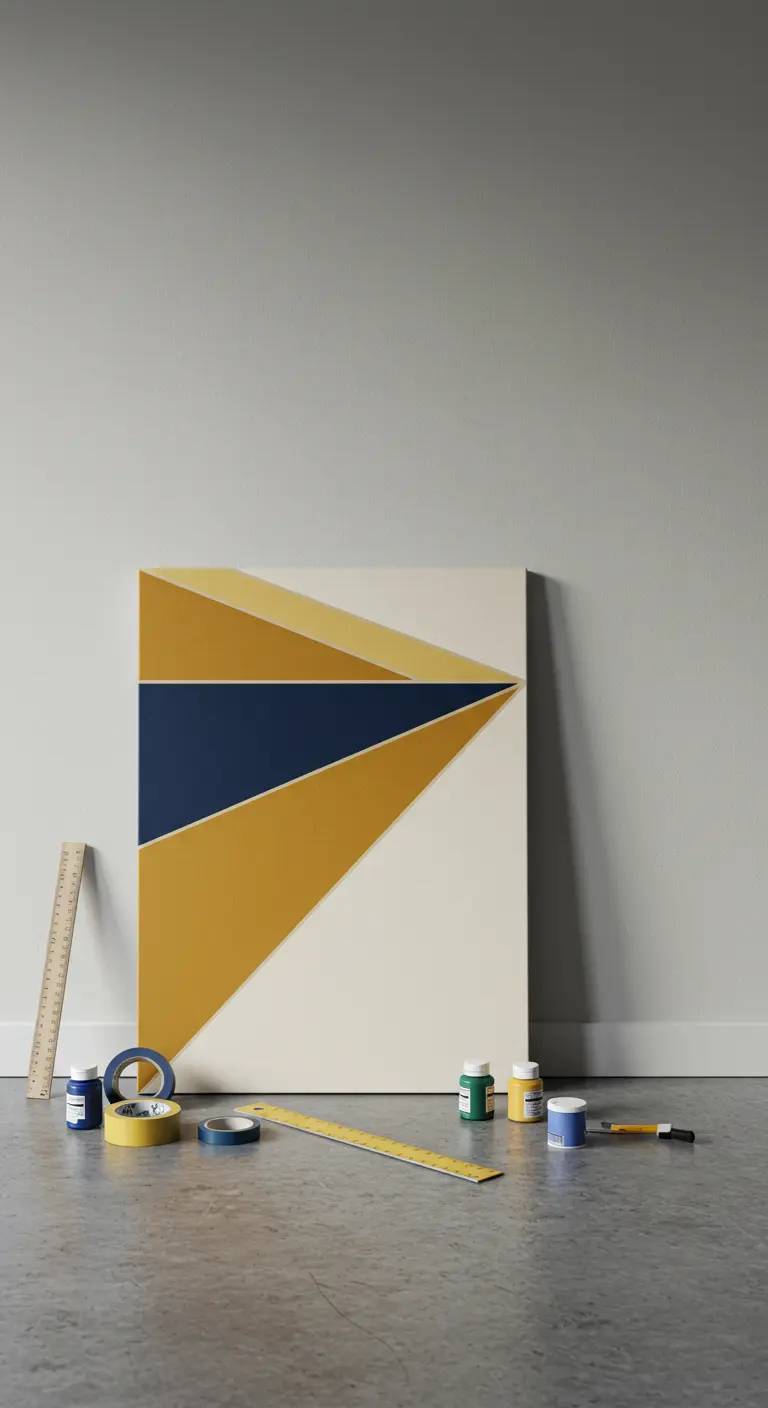 Lienzo con un diseño geométrico en azul marino y mostaza, con cinta de carrocero y pintura al lado.