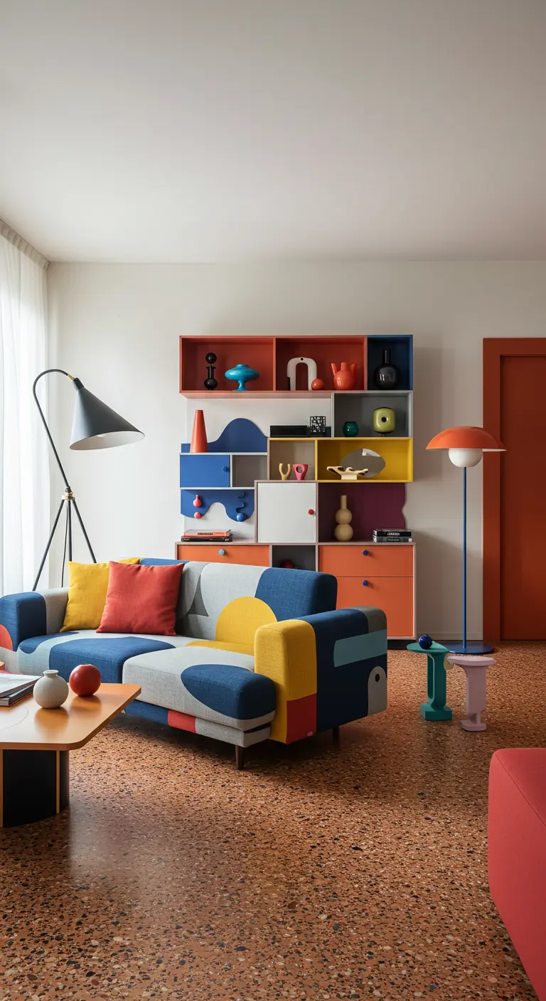 Sala de estar estilo Memphis con sofá modular de colores, estantería geométrica y suelo de terrazo.