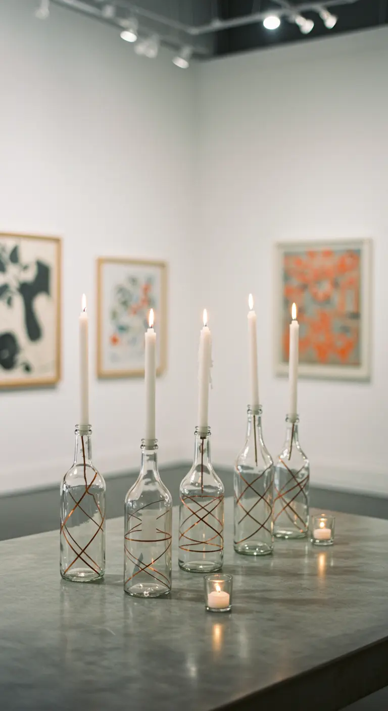 Botellas de vidrio transparente decoradas con patrones geométricos de alambre de cobre.