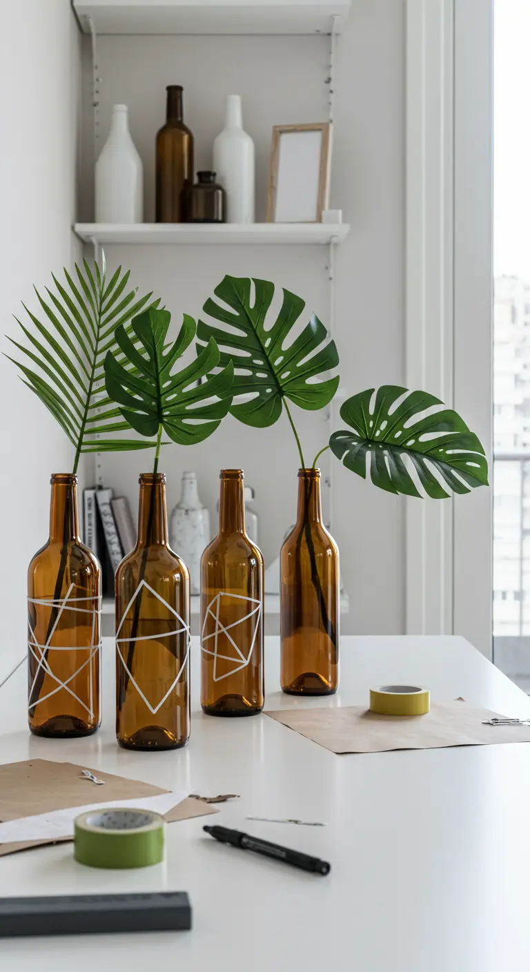 Botellas de vino marrones decoradas con elegantes y sencillos patrones geométricos blancos.