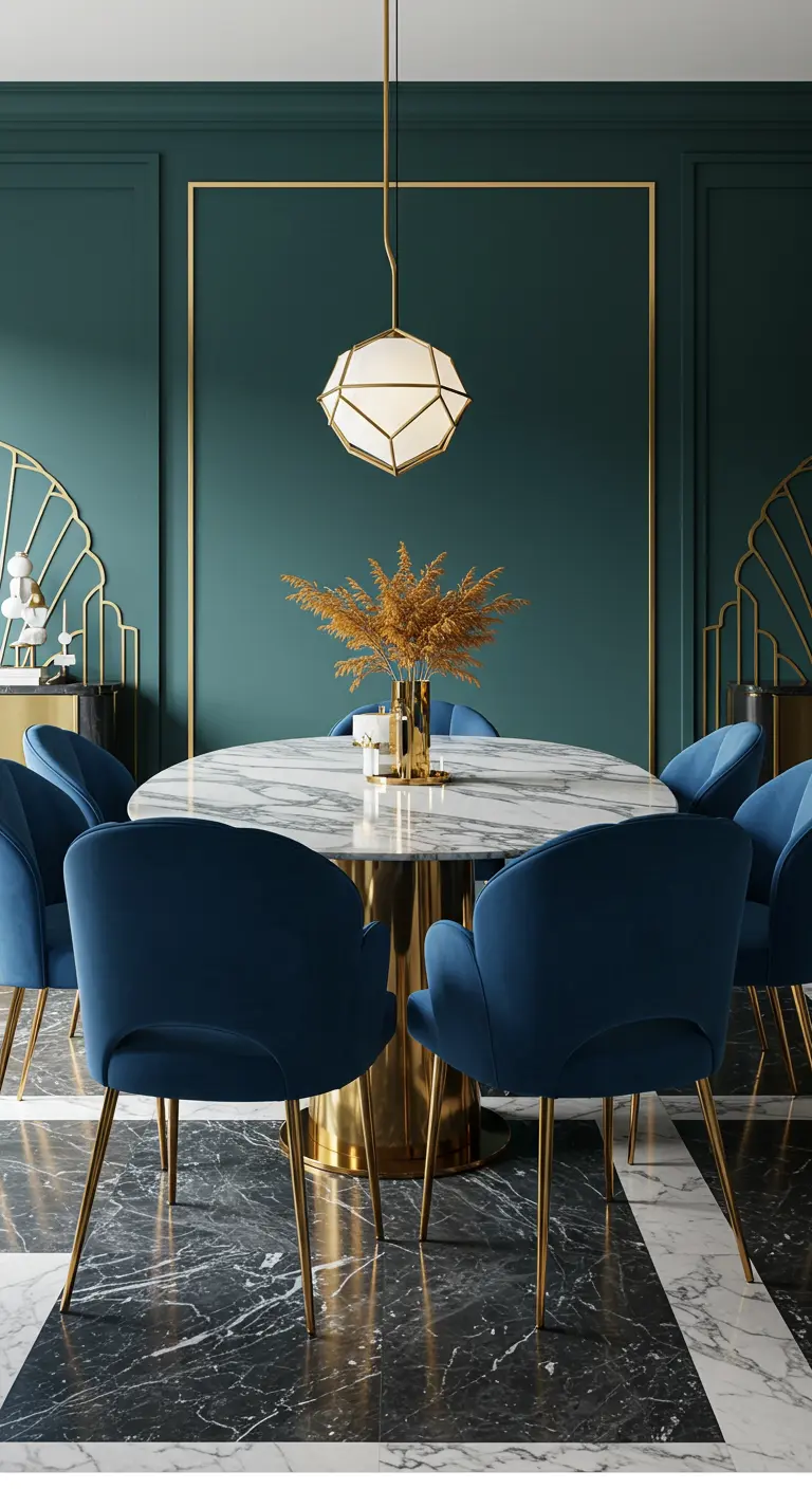 Comedor de inspiración Art Déco con sillas de terciopelo azul y detalles geométricos dorados