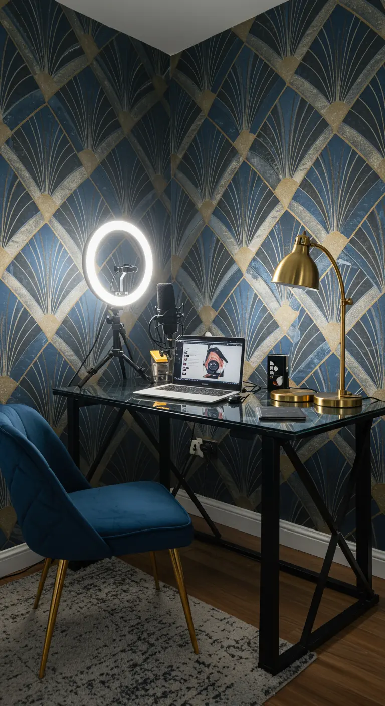 Oficina en casa con papel pintado Art Déco azul y dorado, y un aro de luz.