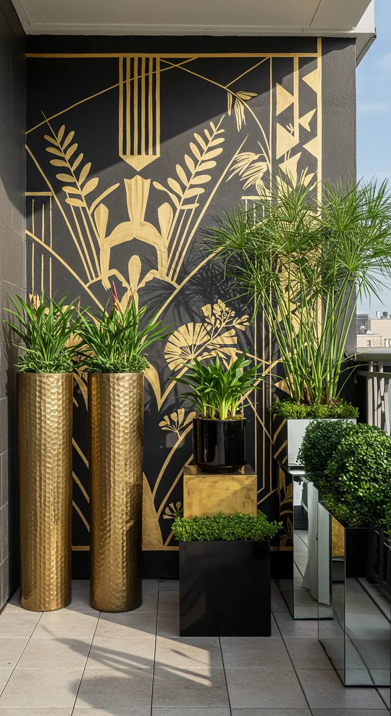 Balcón elegante con un mural Art Déco en negro y dorado y maceteros metálicos altos