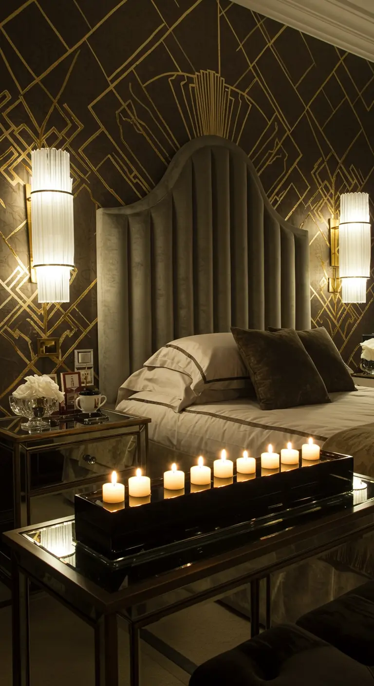 Dormitorio Art Déco con papel pintado geométrico y un recipiente negro con velas en línea.