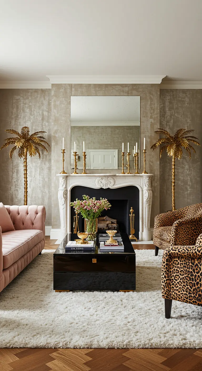Sala de estar glamurosa con sofá rosa, sillones de leopardo y palmeras doradas decorativas.
