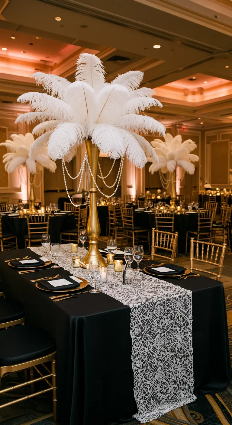 Mesa de boda estilo Gran Gatsby con encaje, plumas y detalles dorados.