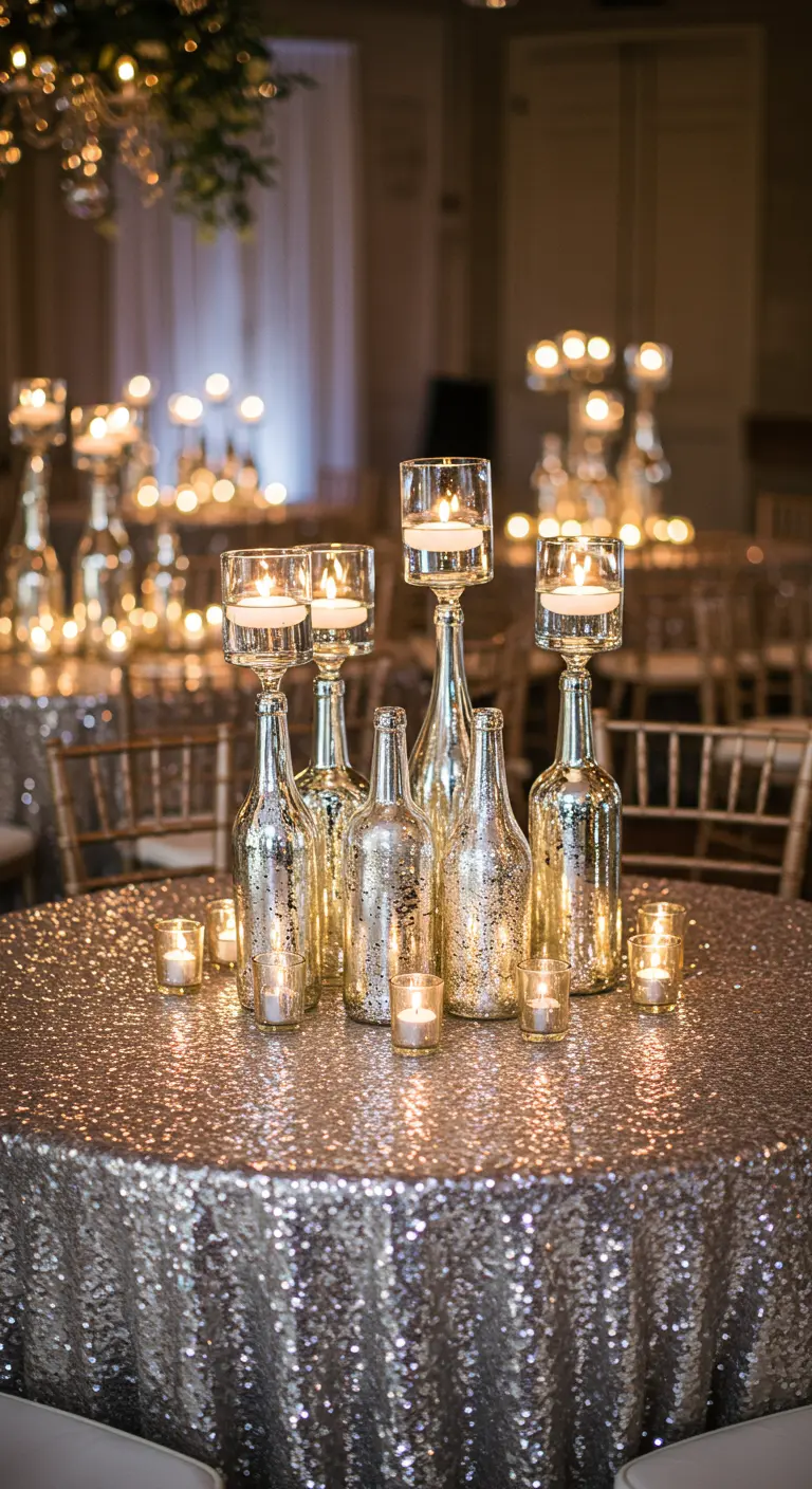 Centro de mesa brillante con botellas de vidrio con acabado de mercurio y velas.