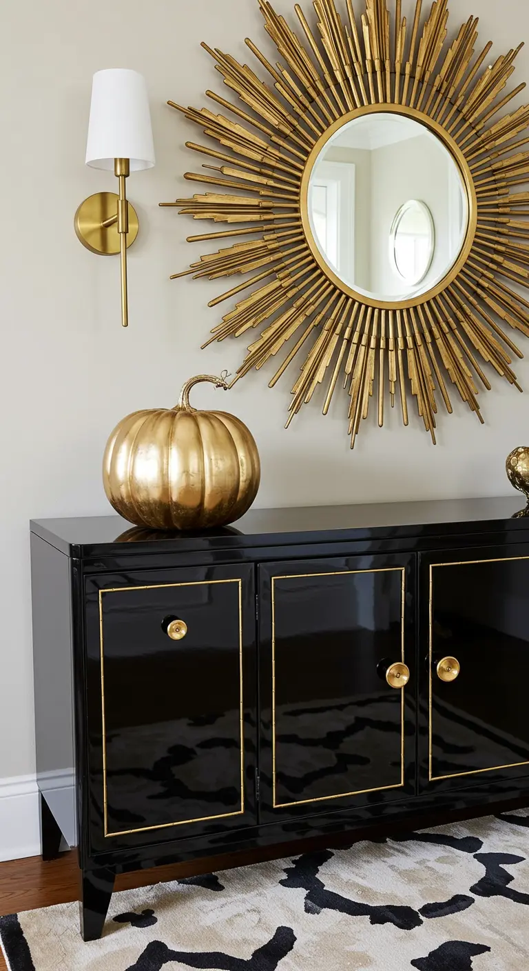 Aparador negro con una calabaza dorada y un gran espejo dorado en forma de sol en la pared.