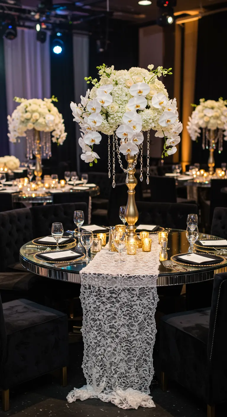Mesa de boda de espejo con camino de encaje y decoración en negro y oro.